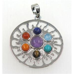 gemstone Chakra sun pendant, alloy, platinum plated, approx 32mm [GMPDA8708]