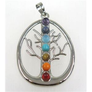 gemstone Chakra pendant, tree of life, alloy, platinum plated, approx 33-43mm [GMPDA8711]