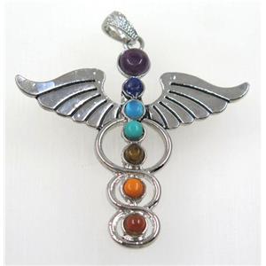 gemstone Chakra angel wing pendant, platinum plated, approx 50-57mm [GMPDA8713]