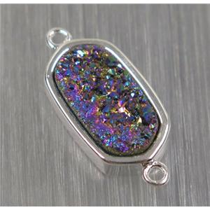 rainbow druzy quartz connector, oval, silver plated, approx 10-16mm [GMPDA8722]