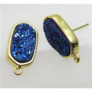 blue druzy quartz earring studs, gold plated, approx 8-15mm [GMPDA8775]