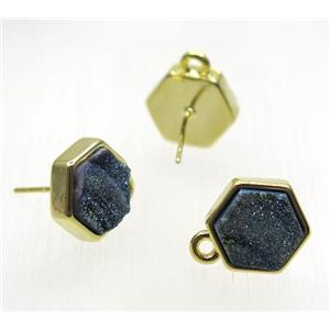 green druzy quartz earring studs, hexagon, gold plated, approx 10x10mm [GMPDA8778]