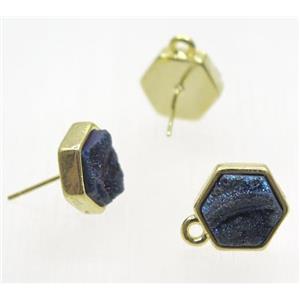 blue druzy quartz earring studs, hexagon, gold plated, approx 10x10mm [GMPDA8779]
