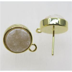 white druzy quartz earring studs, flat round, gold plated, approx 10mm dia [GMPDA8782]