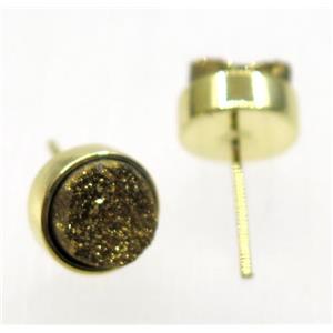 golden druzy quartz earring studs, flat-round, gold plated, approx 8mm dia [GMPDA8786]