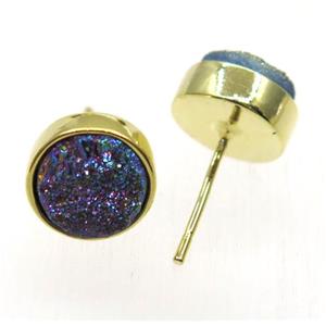 rainbow druzy quartz earring studs, flat-round, gold plated, approx 8mm dia [GMPDA8788]
