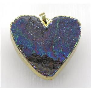 rainbow druzy quartz pendant, heart, gold plated, approx 40mm wide [GMPDA8810]