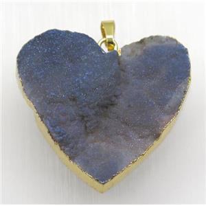 gray blue druzy quartz pendant, heart, gold plated, approx 40mm wide [GMPDA8811]