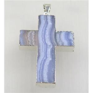 blue lace agate cross pendant, 925 silver plated, approx 25x35mm [GMPDA8846]