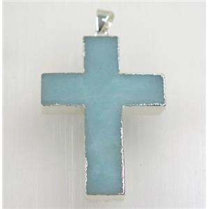 blue Amazonite cross pendant, 925 silver plated, approx 25x35mm [GMPDA8850]