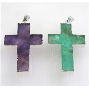 mix gemstone cross pendant, 925 silver plated, approx 25x35mm [GMPDA8851]