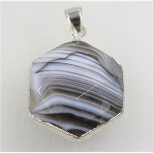 black agate hexagon pendant, 925 silver plated, approx 20mm dia [GMPDA8857]