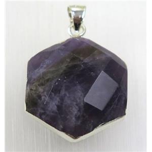 purple Amethyst hexagon pendant, 925 silver plated, approx 20mm dia [GMPDA8860]