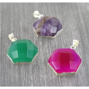 mix gemstone hexagon pendant, 925 silver plated, approx 20mm dia [GMPDA8865]
