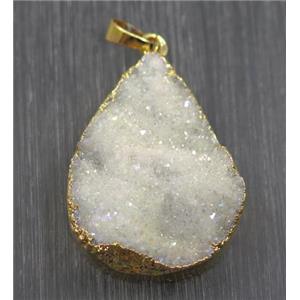 white ab-color druzy quartz teardrop pendant, gold plated, approx 25-35mm [GMPDA8911]