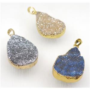druzy quartz teardrop pendant, mix color, gold plated, approx 25-35mm [GMPDA8912]