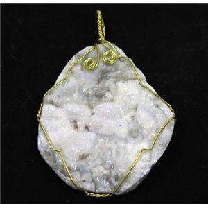 white ab-color solar agate druzy slice pendant with wire wrapped, freeform, approx 30-50mm [GMPDA8938]