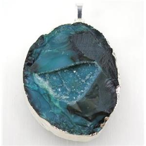 green geode agate druzy pendant, freeform, silver plated, approx 40-55mm [GMPDA8949]