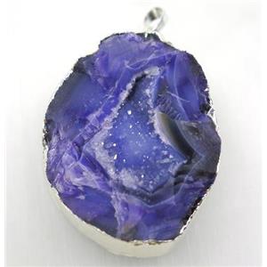 purple geode agate druzy pendant, freeform, silver plated, approx 40-55mm [GMPDA8952]