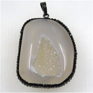 gray Druzy Agate geode pendant paved black rhinestone, freeform, approx 30-50mm [GMPDA8973]