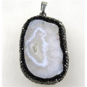 white druzy agate slice pendant paved rhinestone, freeform, approx 25-40mm [GMPDA8976]