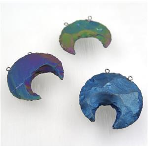 hammered Rock Agate crescent pendant with 2loops, mix color, approx 30-35mm [GMPDA9014]