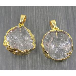 Hammered Clear Quartz pendant, flat-round, gold plated, approx 16-20mm [GMPDA9019]