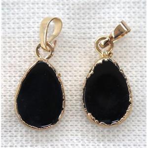 black agate pendant, teardrop, gold plated, approx 13x18mm [GMPDA9033]