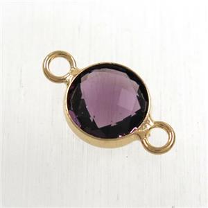 purple Chinese crystal glass connector, faceted flat round, rose gold plated, approx 10mm dia [GMPDA9043]