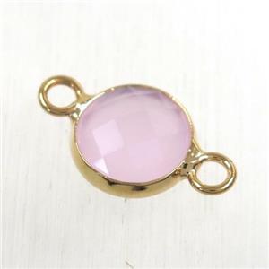 pink Chinese crystal glass connector, faceted flat round, rose gold plated, approx 10mm dia [GMPDA9045]