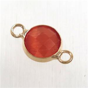 red cats eye stone connector, faceted flat round, rose gold plated, approx 10mm dia [GMPDA9046]