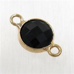 black Chinese crystal glass connector, faceted flat round, rose gold plated, approx 10mm dia [GMPDA9049]