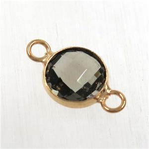 smoky Chinese crystal glass connector, faceted flat round, rose gold plated, approx 10mm dia [GMPDA9052]