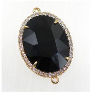black crystal glass connector pave zircon, faceted oval, gold plated, approx 22x30mm [GMPDA9190]