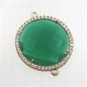 peacock green crystal glass connector pave zircon, faceted flat round, gold plated, approx 25mm dia [GMPDA9195]