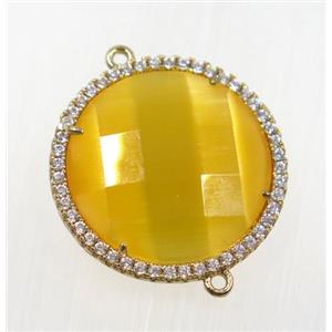 golden cats eye stone connector pave zircon, faceted flat round, gold plated, approx 25mm dia [GMPDA9199]