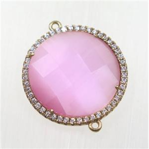 pink cats eye stone connector pave zircon, faceted flat round, gold plated, approx 25mm dia [GMPDA9200]