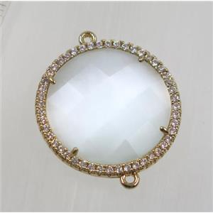 white cats eye stone connector pave zircon, faceted flat round, gold plated, approx 25mm dia [GMPDA9201]