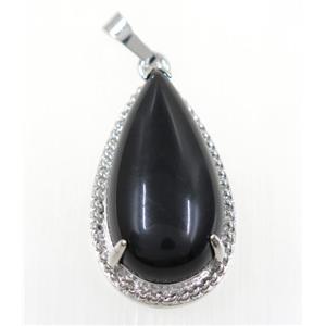 black agate teardrop pendant, copper, platinum plated, approx 15x30mm [GMPDA9227]