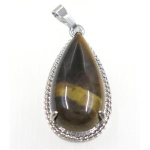 Tigers eye stone teardrop pendant, copper, platinum plated, approx 15x30mm [GMPDA9229]