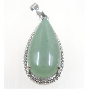 green Aventurine teardrop pendant, copper, platinum plated, approx 15x30mm [GMPDA9230]