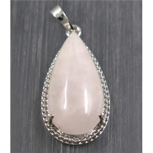 pink Rose Quartz teardrop pendant, copper, platinum plated, approx 15x30mm [GMPDA9232]