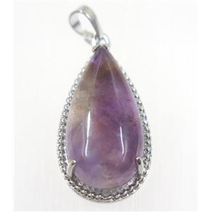 purple Amethyst teardrop pendant, copper, platinum plated, approx 15x30mm [GMPDA9233]