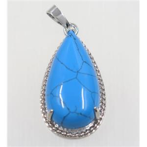 blue dye Turquoise teardrop pendant, copper, platinum plated, approx 15x30mm [GMPDA9235]