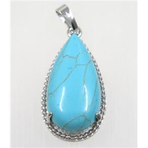 aqua turquoise teardrop pendant, copper, platinum plated, approx 15x30mm [GMPDA9236]