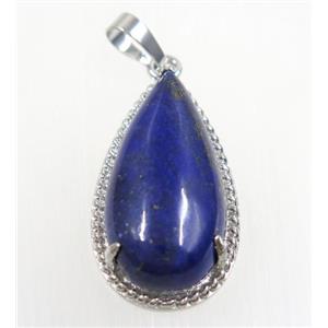 blue Lapis Lazuli teardrop pendant, copper, platinum plated, approx 15x30mm [GMPDA9237]