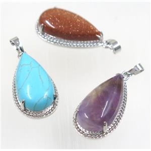 mix gemstone teardrop pendant, copper, platinum plated, approx 15x30mm [GMPDA9238]