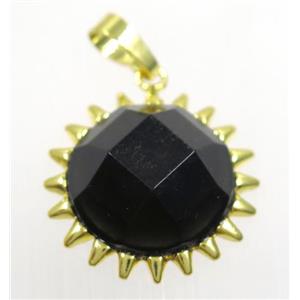 black onyx agate sunflower pendant, gold plated, approx 25mm dia [GMPDA9322]