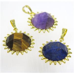 mix gemstone sunflower pendant, gold plated, approx 25mm dia [GMPDA9327]