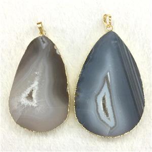 gray agate druzy slice pendant, freeform, gold plated, approx 25-60mm [GMPDA9379]